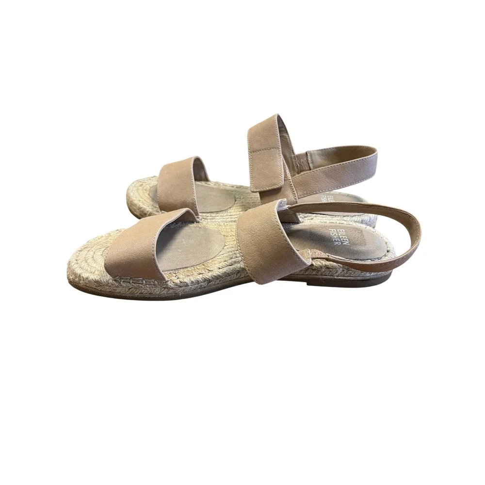 EILEEN FISHER Espadrille Flat Sandals Womens 9.5 Nude Leather‎ Jute Boho Casual